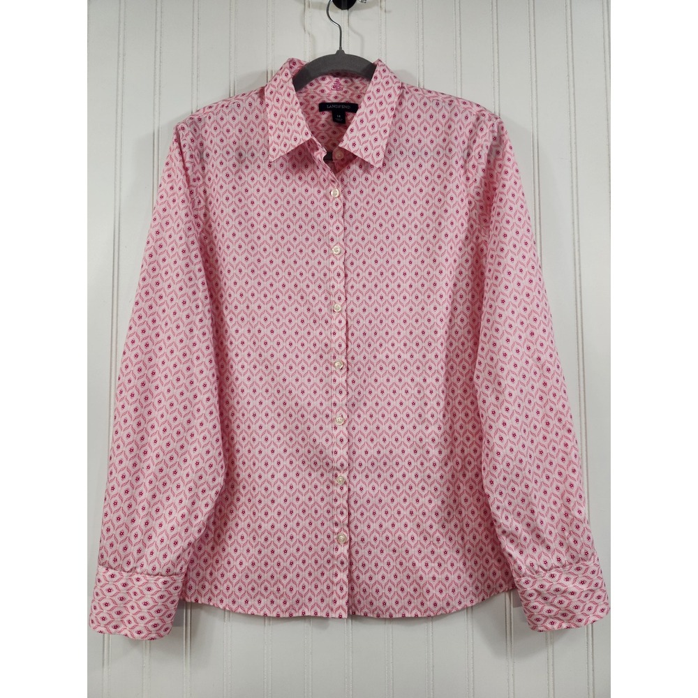 Lands End Womens Pink White 100% Supima Cotton Floral Button Down Shirt Size 14